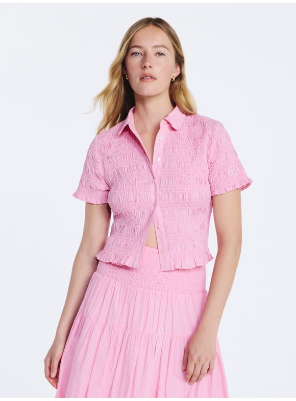 Women's Smocked Cotton Button Front Shirt with Short Sleeves XS-XXL