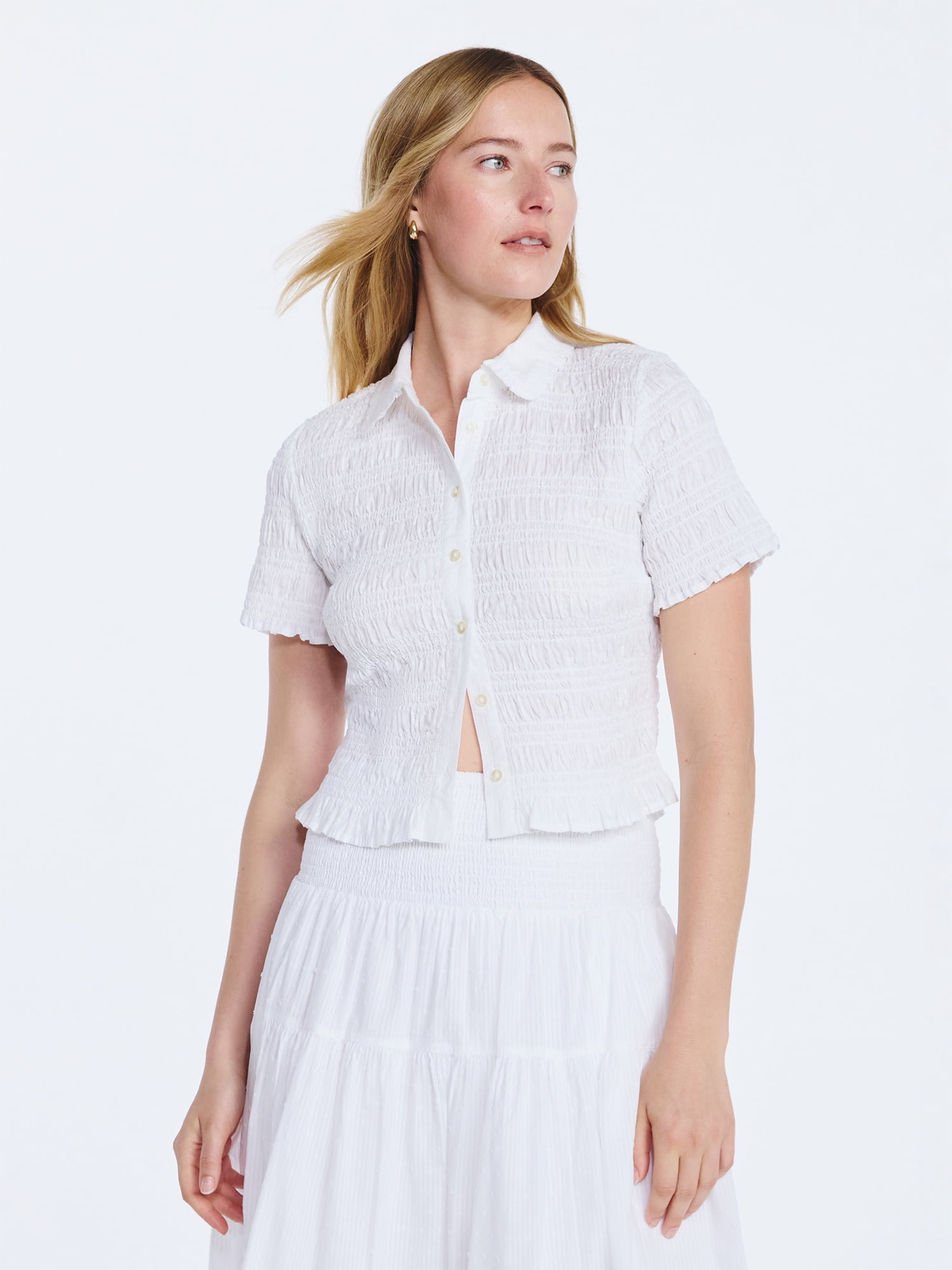 Free Assembly Women's Smocked Cotton Button Front Shirt with Short Sleeves XS-XXL