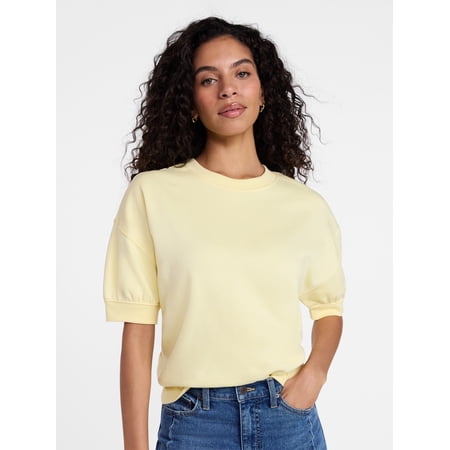 Time and Tru Women's Fleece Sweatshirt with Short Puff Sleeves, Sizes XS-4X