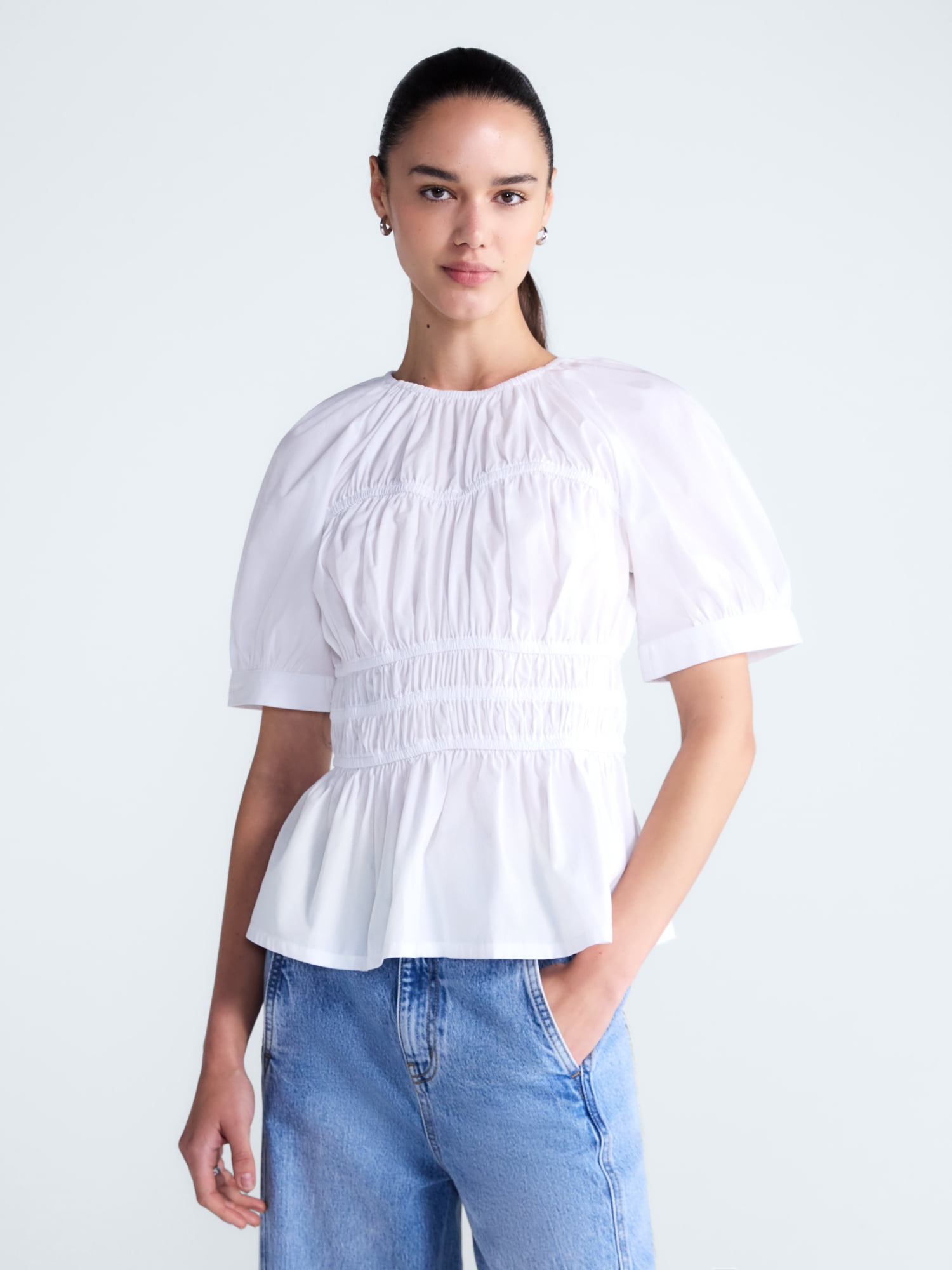 Free Assembly Women's Smocked Cotton Top with Peplum Hem, Sizes XS-XXL
