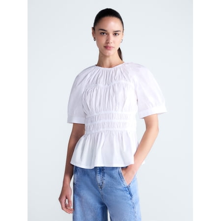Free Assembly Women's Smocked Cotton Top with Peplum Hem, Sizes XS-XXL