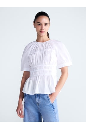 Women's Smocked Cotton Top with Peplum Hem, Sizes XS-XXL