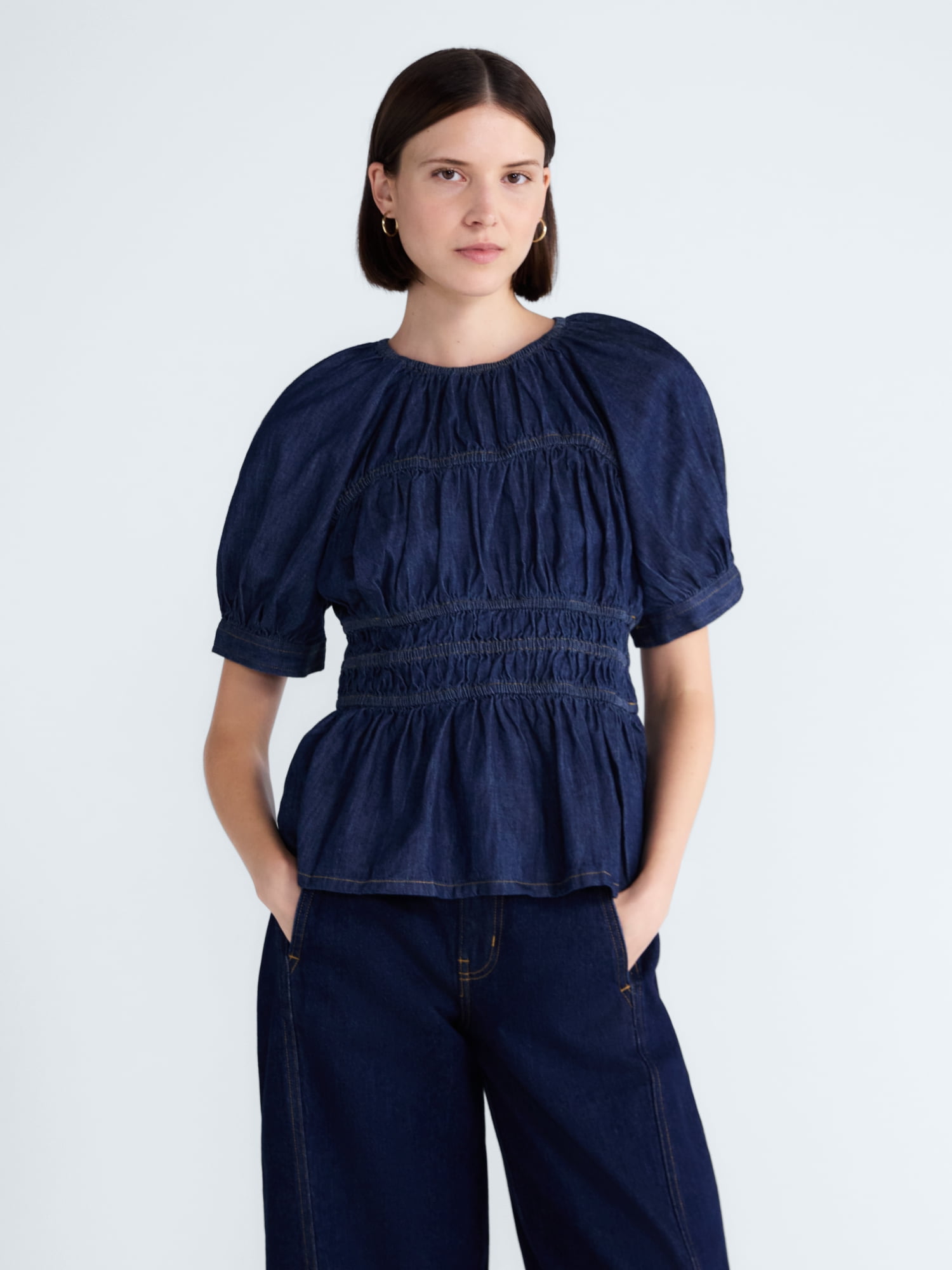 Free Assembly Women's Smocked Denim Top with Peplum Hem, Sizes XS-XXL