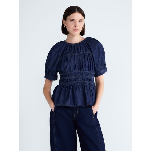 Free Assembly Women's Smocked Denim Top with Peplum Hem, Sizes XS-XXL