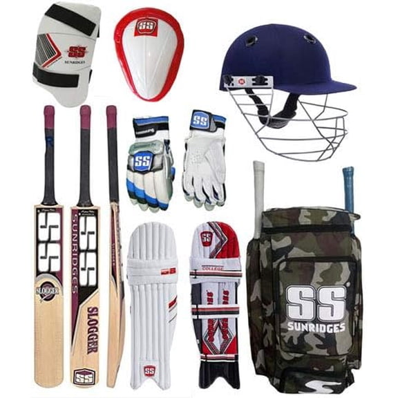 SS Store Men's Cricket Kit Supplies with Kashmir Willow Bat Thigh Abdominal Guard Helmet Gloves Pad