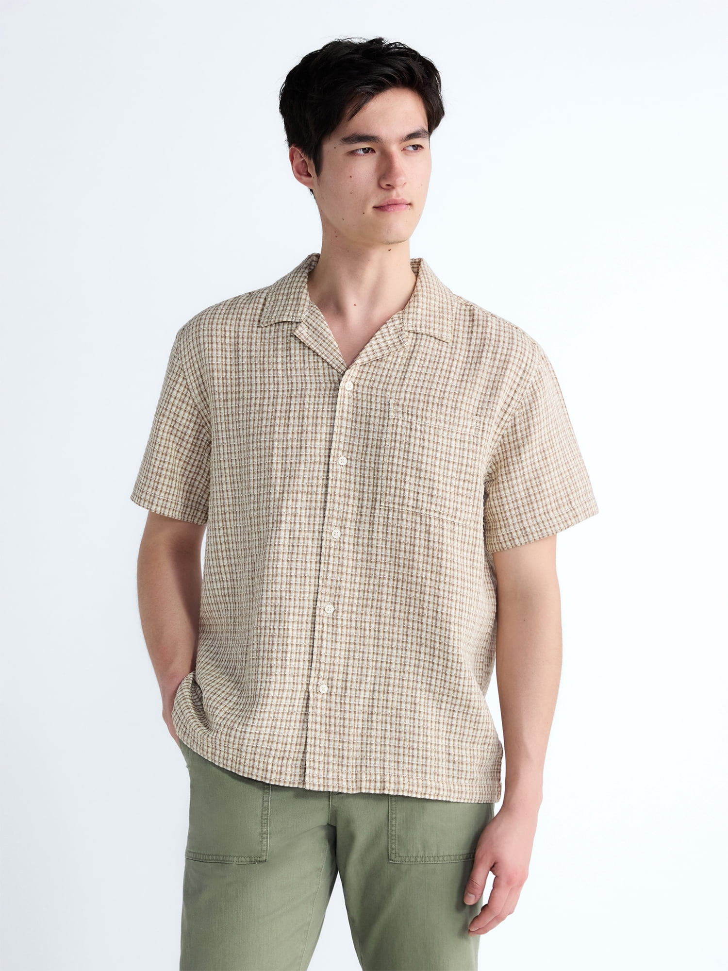 Free Assembly Men's Plaid Textured Cotton Camp Shirt with Short