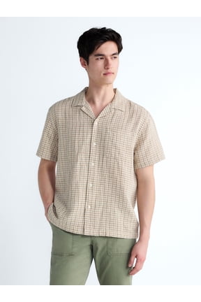 Men's Plaid Textured Cotton Camp Shirt with Short Sleeves, Sizes S-3XL