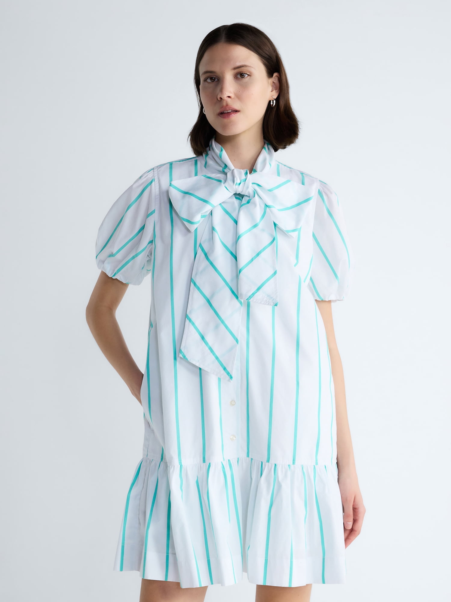 Free Assembly Women's Tie Neck Striped Cotton Mini Dress, Sizes XS-4X