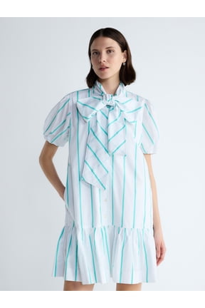 Women's Tie Neck Striped Cotton Mini Dress, Sizes XS-4X