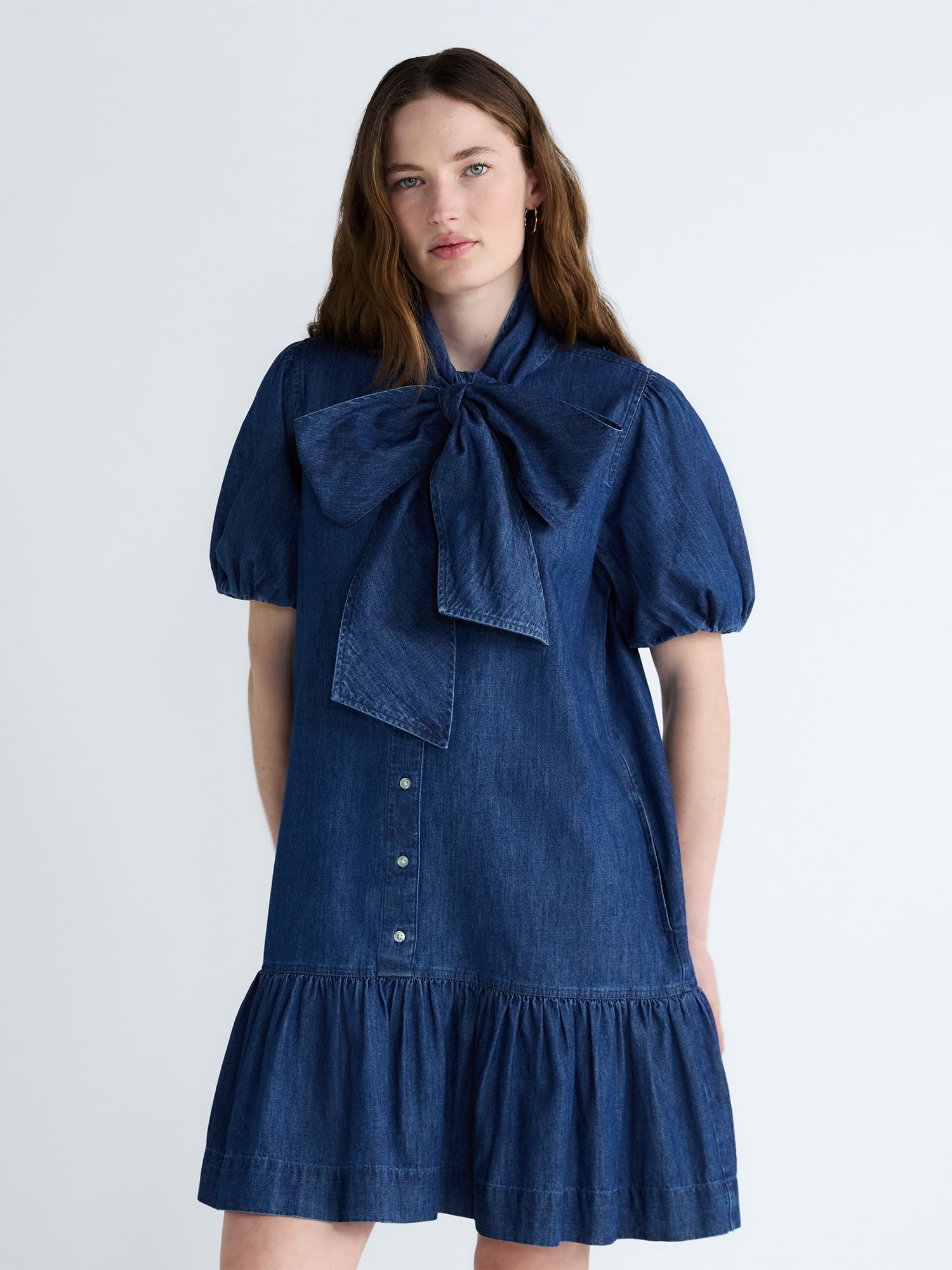 Free Assembly Women's Tie Neck Denim Mini Dress, Sizes XS-XXL