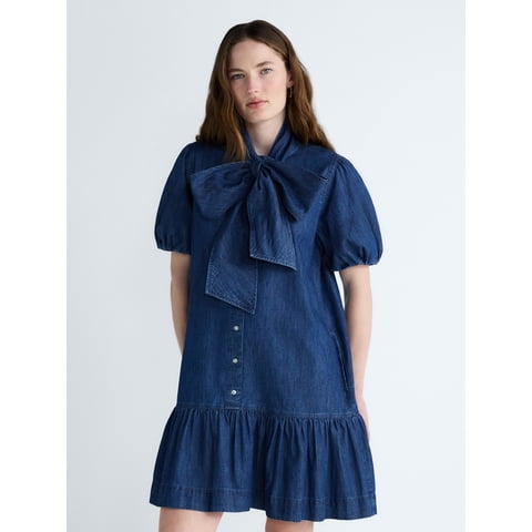 Women's Tie Neck Denim Mini Dress, Sizes XS-XXL
