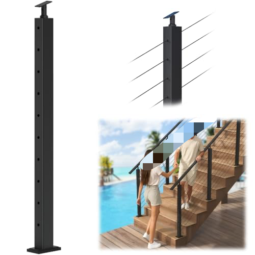 SS316 Cable Railing Stair Post 36" (Post 35"x2"x2") for Coastal Lake, 33Drilled Railing Post with Cable Grommets Fit for 28-38 Stairway, Adjustable Top Stainless Steel Black Finish Deck Post