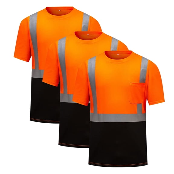 SSAAVKUY 3 Pack Hi Vis Shirts for Men Class 3 High Visibility Shirts with Short Sleeves, Reflective Safety Shirts for Men Construction Work Shirts with Black Bottom Orange M