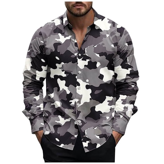 SSAAVKUY Camouflage Men's Casual Shirts Long Sleeve Button Down Lapel Shirt Printed Blouse Top Camouflage 14