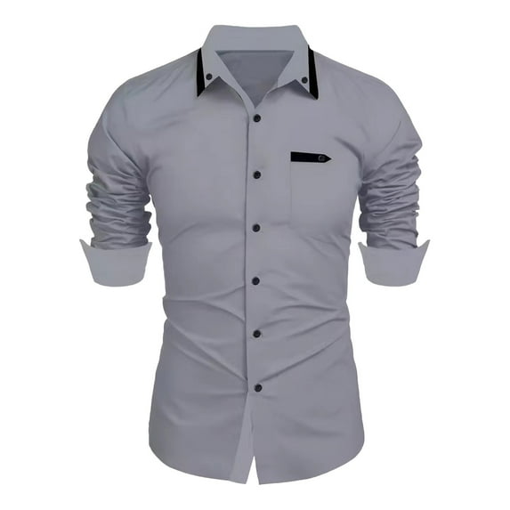SSAAVKUY Casual Long Sleeve Stretch Dress Shirt for Men Wrinkle-Free Regular Fit Lapel Button Down Shirts Contrast Inner Collar Business Top Gray 10
