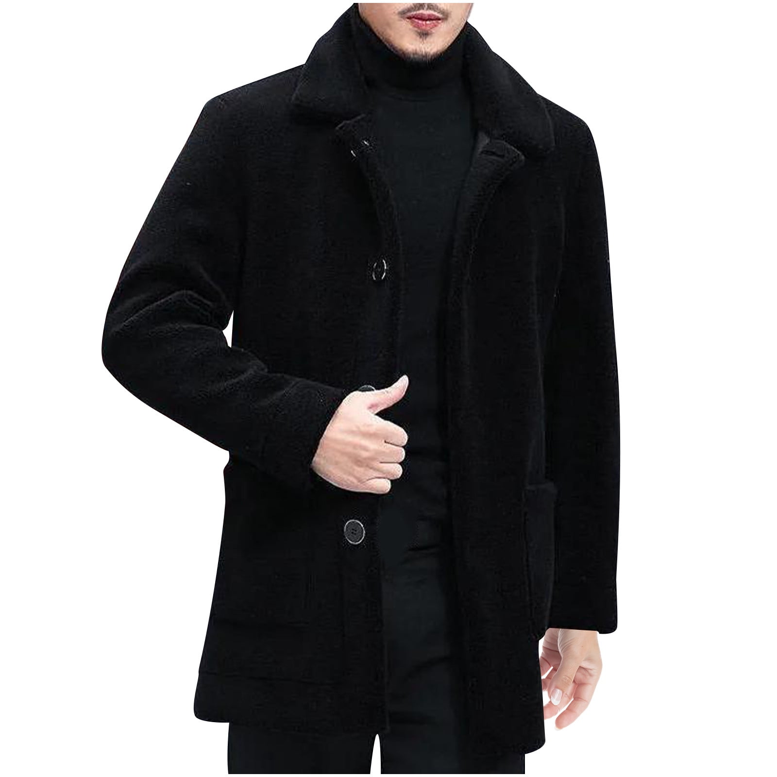SSAAVKUY Men's Button Up Wool Plush Car Coat Winter Shearling Coat