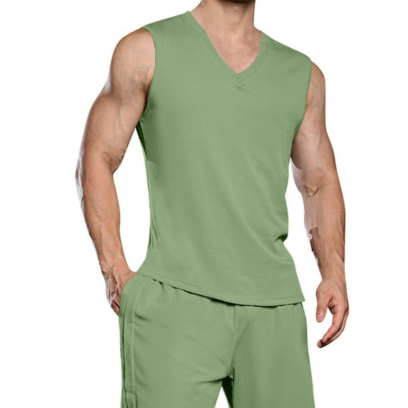 SSAAVKUY Deals Men's Beach Tank Top Summer Sleeveless V Neck Muscle Tee Shirts for Man Casual Tank Top Workout Shirts Green M