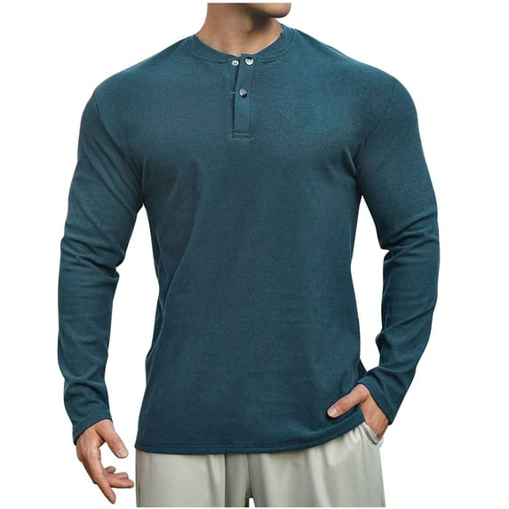SSAAVKUY Deals Men's Knit Henley Shirts Dress Long Sleeve Sweater Casual Velvet Tops Collarless Quarter Button Pullover Green XL