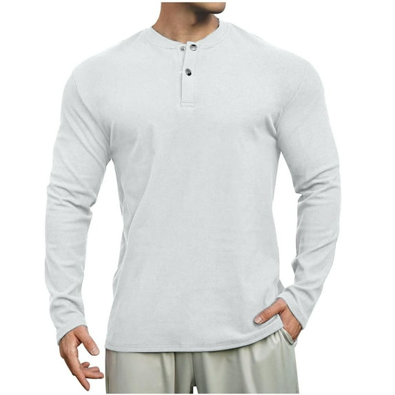 SSAAVKUY Deals Men's Knit Henley Shirts Dress Long Sleeve Sweater Casual Velvet Tops Collarless Quarter Button Pullover White XL