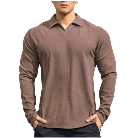 SSAAVKUY Deals Men's Knit Polo Sweater Regular Fit Lapel V Neck Velvet Tops Cotton Long Sleeve Soft Classic Sweater Pullover Brown XL