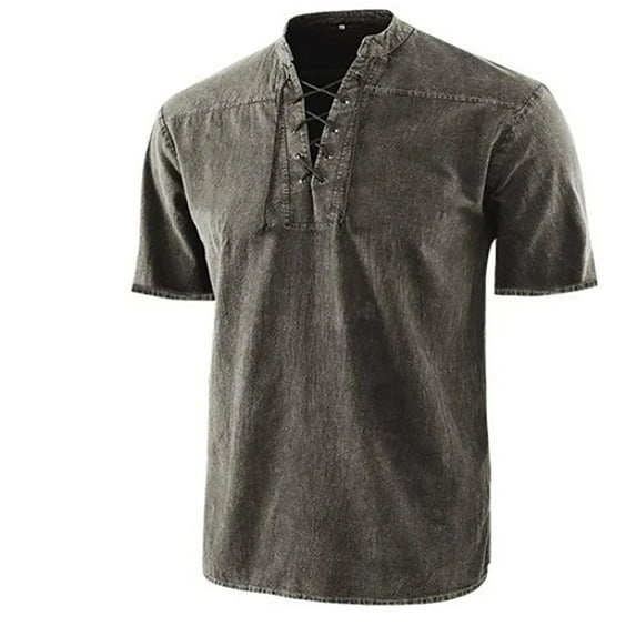 SSAAVKUY Deals Men's Long Sleeve T-Shirts, Middle Ages Retro Lace-up V-Neck Costumes Banded Collar Tops Shirt Stand Collar Denim Tee Shirt Gothic Retro T Shirt Gray 16