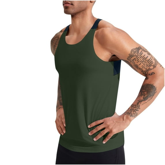 SSAAVKUY Deals Men's Sleeveless Tank Tops Crewneck Solid Loose Fit Shirt Quick Drying Sports Muscle Workout Bodybuilding Summer Tees Army Green XXL