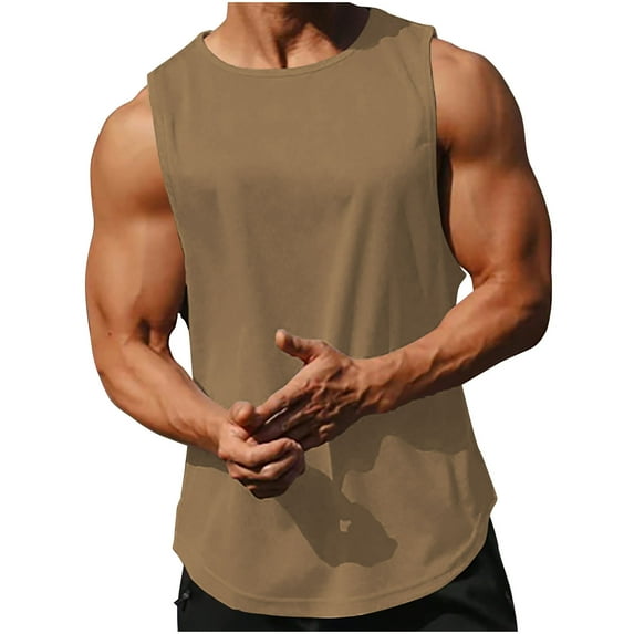 SSAAVKUY Deals Men's Tank Top Cotton Muscle Workout Gym Shirts Moisture Wicking Lightweight Summer Casual Sleeveless Shirts Khaki XL