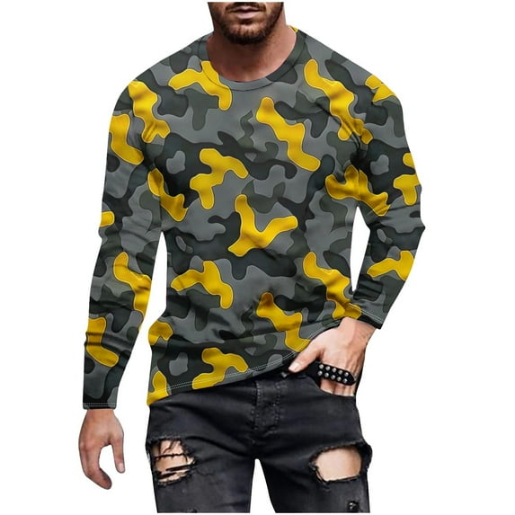 SSAAVKUY Deals Mens Long Sleeve Shirt Casual Tie Dye Crewneck Sweatshirts Loose Gym Workout Pullover Fashion Graphic Tee Shirts Yellow 10