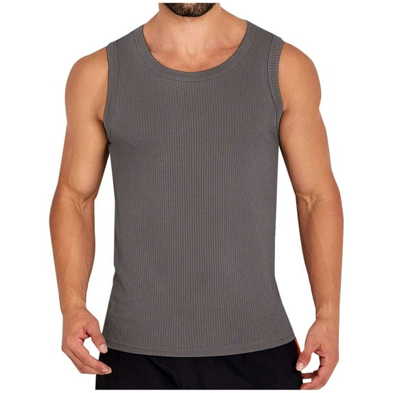SSAAVKUY Deals Mens Tank Top Undershirt Ribbed Knit Workout Tank Tops Summer Beach Sleeveless Shirts Stretch Gym Muscle Tee Shirt Dark Gray 8
