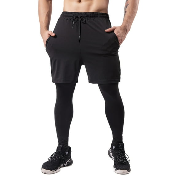 SSAAVKUY Men's 2 in 1 Running Pants Bodybuilding Quick Dry Compression Pants Athletic Gym Workout Running Tights Leggings Black 12