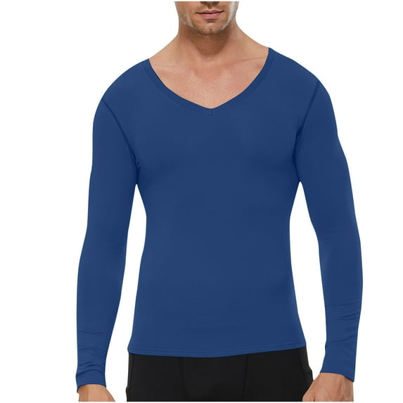 SSAAVKUY Men's Athletic Compression Shirt - V Neck Long Sleeve Workout Running Base Layer Tops Cool Dry T-Shirt Gym Undershirts Dark Blue XL