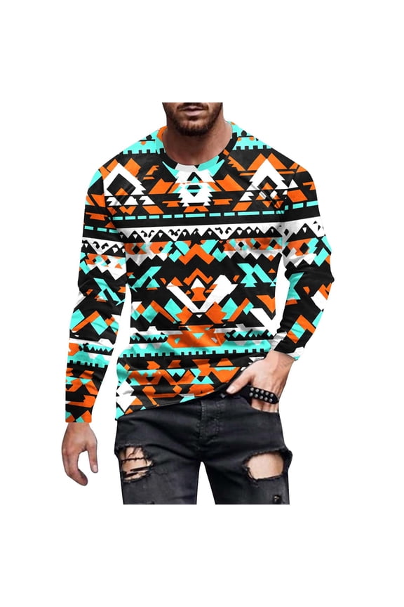 Men's Aztec Crew-Neck Top Spring Casual T-Shirt Long-Sleeved Home Wear American Native Aztec Print Shirts Blue 10