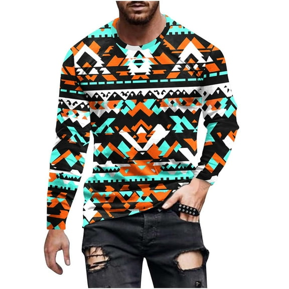 SSAAVKUY Men's Aztec Crew-Neck Top Spring Casual T-Shirt Long-Sleeved Home Wear American Native Aztec Print Shirts Blue 14