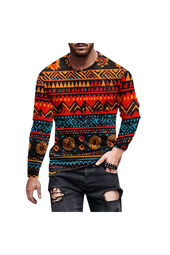 Men's Aztec Crew-Neck Top Spring Casual T-Shirt Long-Sleeved Home Wear American Native Aztec Print Shirts Red 10