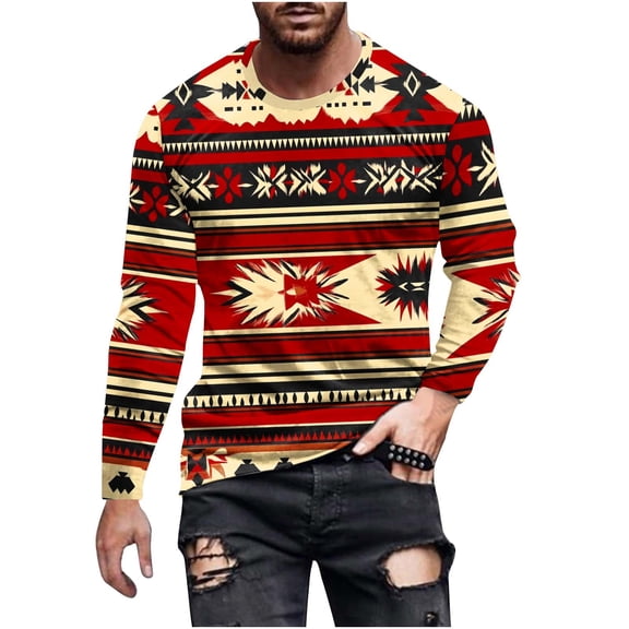 SSAAVKUY Men's Aztec Crew-Neck Top Spring Casual T-Shirt Long-Sleeved Home Wear American Native Aztec Print Shirts Red 6