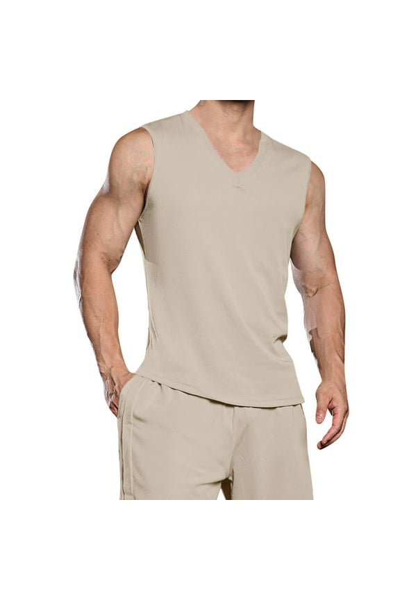 Men's Beach Tank Top Summer Sleeveless V Neck Muscle Tee Shirts for Man Casual Tank Top Workout Shirts Beige L