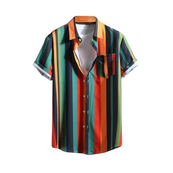 SSAAVKUY Men's Boho Paisley Print Button Front Collar Short Sleeve Shirt Tops Vintage Striped Beach Cuban Shirts Multicolor S