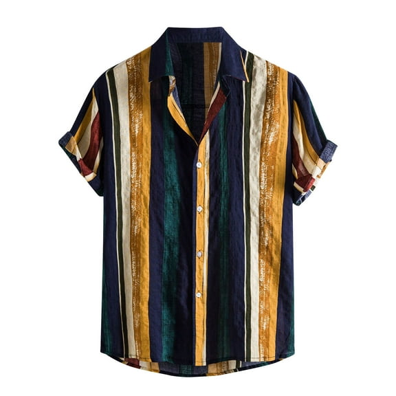 SSAAVKUY Men's Boho Paisley Print Button Front Collar Short Sleeve Shirt Tops Vintage Striped Beach Cuban Shirts Multicolor XXL