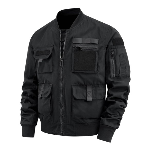 SSAAVKUY Men's Bomber Jacket Multi Pocket Zipper Lightweight Outdoor Jacket Spring Fall Windbreaker Coat Comfy Water Resistant Army Style Black 6