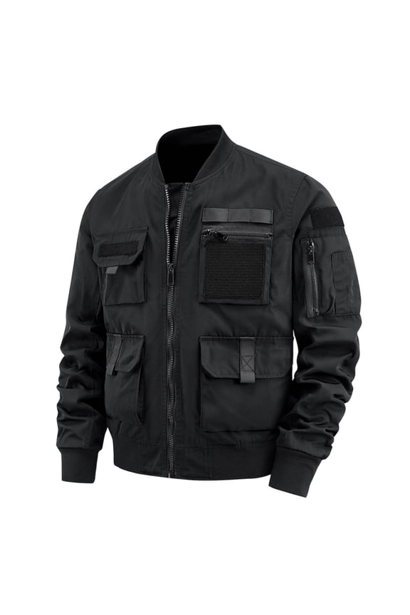 Men's Bomber Jacket Multi Pocket Zipper Lightweight Outdoor Jacket Spring Fall Windbreaker Coat Comfy Water Resistant Army Style Black 8