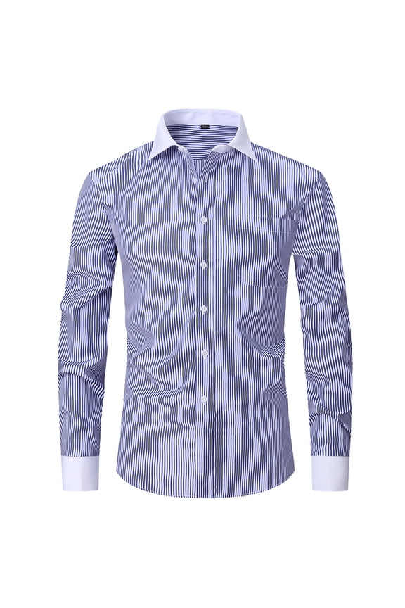 Men's Button Down Dress Shirts Long Sleeve Striped Slim Fit Business Work Office Shirt with Contrast Collar Cuff Blue 8