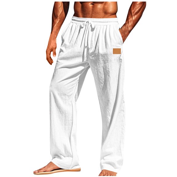 SSAAVKUY Men's Casual Cotton Linen Pants Elastic Waist Drawstring Beach Summer Pants Lightweight Straight Leg Trousers White 8-10