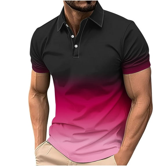 SSAAVKUY Men's Casual Polo Shirts Classic Button Basic Short Sleeve Shirt Gradient Soft Tees Golf Stylish Tops Multicolor 16