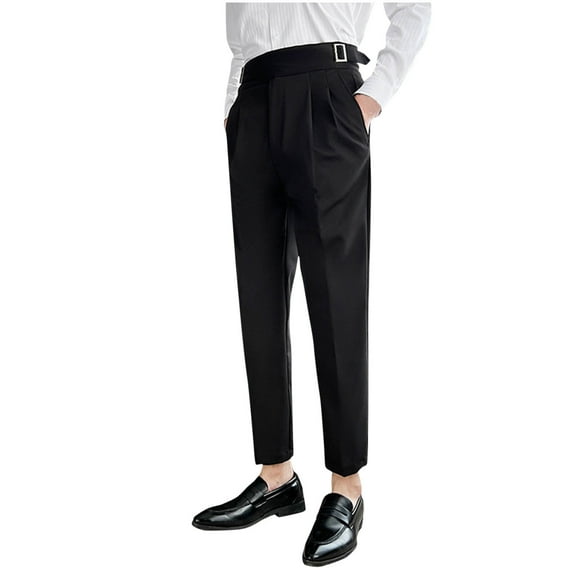 SSAAVKUY Men's Classic Trendy Naples Italian Style Pants No Belt Required Dress Pants Dress Pants Adjustable Waist Regular Fit Straight Suit Pants Black 12