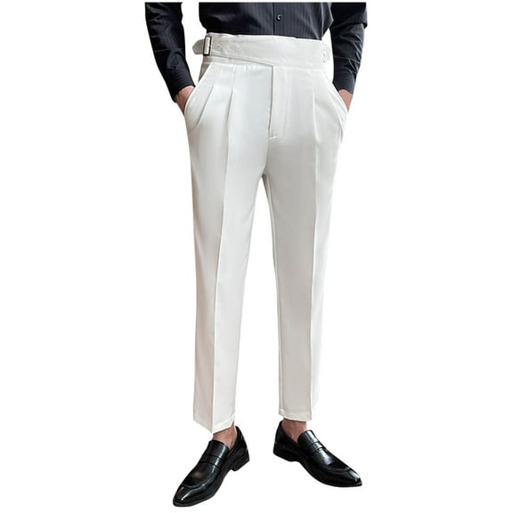 SSAAVKUY Men's Classic Trendy Naples Italian Style Pants No Belt Required Dress Pants Dress Pants Adjustable Waist Regular Fit Straight Suit Pants White 12