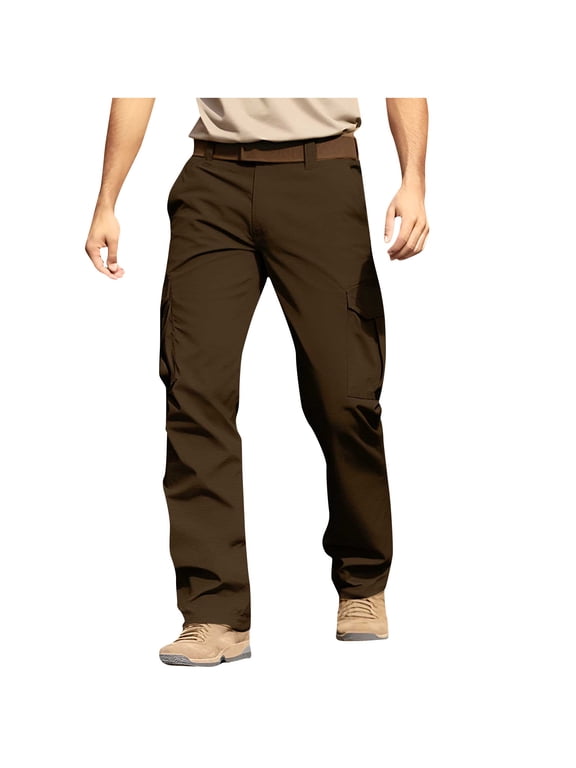 Men's Comfy Ripstop Tactical Pants Water Resistant Stretch Cargo Pants Lightweight Trendy Hiking Work Multi Pockets Pants Brown 12