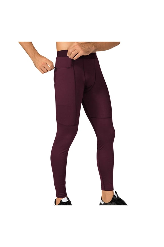 Men's Compression Pants Workout Athletic Leggings Running Gym Tights with Pockets Baselayer Athletic Tights for Basketball Wine 8