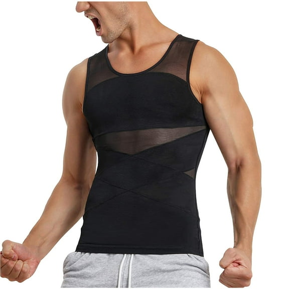 SSAAVKUY Men's Compression Shirt for Body Shaper Slimming Vest Tight Tummy Underwear Tank Top Mesh Tank Top Undershirts Black XL