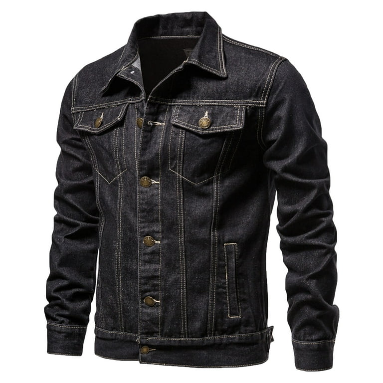 SSAAVKUY Men s Denim Jacket Button Up Long Sleeve Jean Jacket Classic Fit Outwear Solid Color Comfortable Lightweight Outwear Men Black 6 Walmart