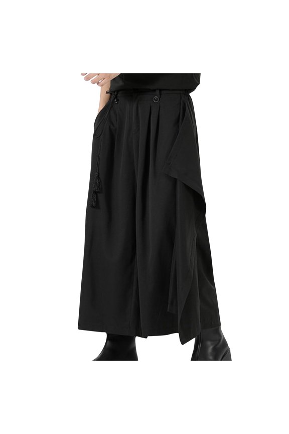 Men's Fashion Wide Leg Culottes Pants, Baggy Casual Elastic Waist Loose Streetwear Pants with Pockets Black 10